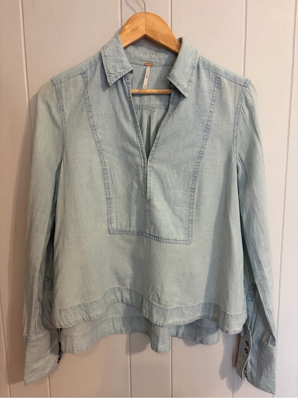 Free People Pale Blue Linen-Blend Henley Tunic